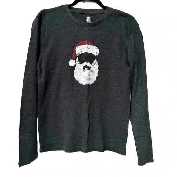 Lucky Brand Santa with Glasses Gray Thermal Waffle Knit Sleepwear Top Sz Small - Picture 1 of 9